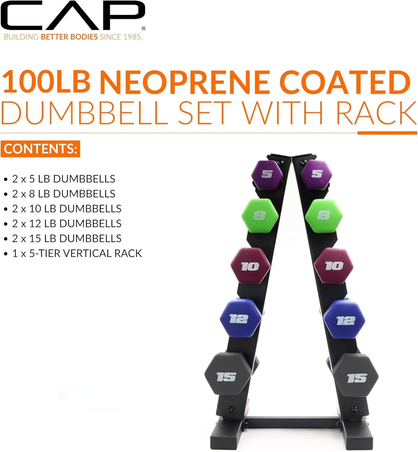 CAP Barbell 100 LB Set of Neoprene Dumbbells with Rack Color Series | 5